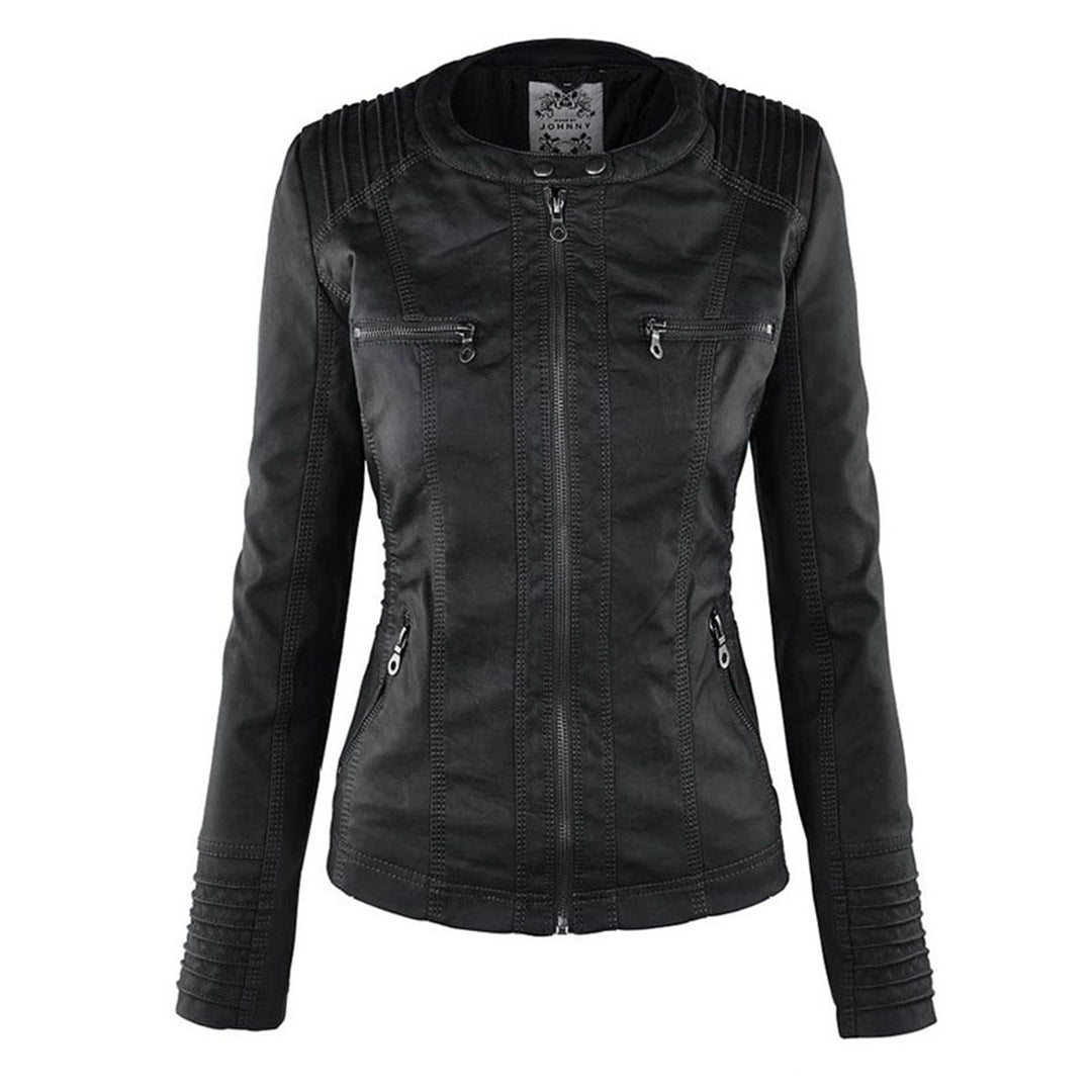 Black faux-leather biker hoodie jacket front view with chest zippers and side zips