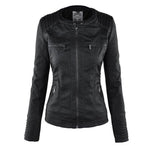 Black faux-leather biker hoodie jacket front view with chest zippers and side zips