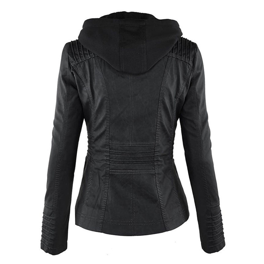 Black biker hoodie jacket back view with hood and stitched seam detailing