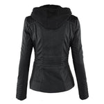 Black biker hoodie jacket back view with hood and stitched seam detailing