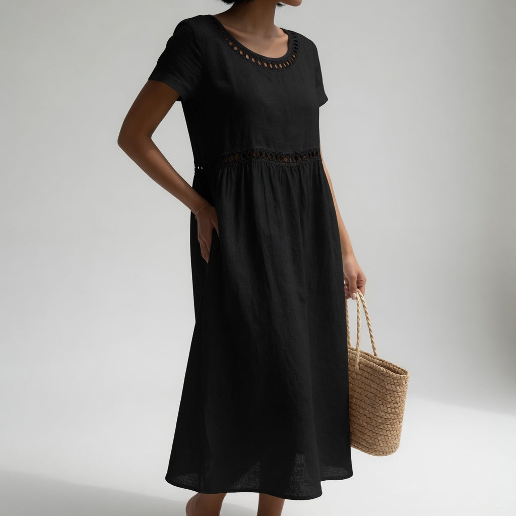 Black embroidered midi dress with round eyelet-trim neckline and short sleeves
