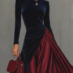 Two-tone long dress with navy long sleeves and red satin pleated, flared skirt