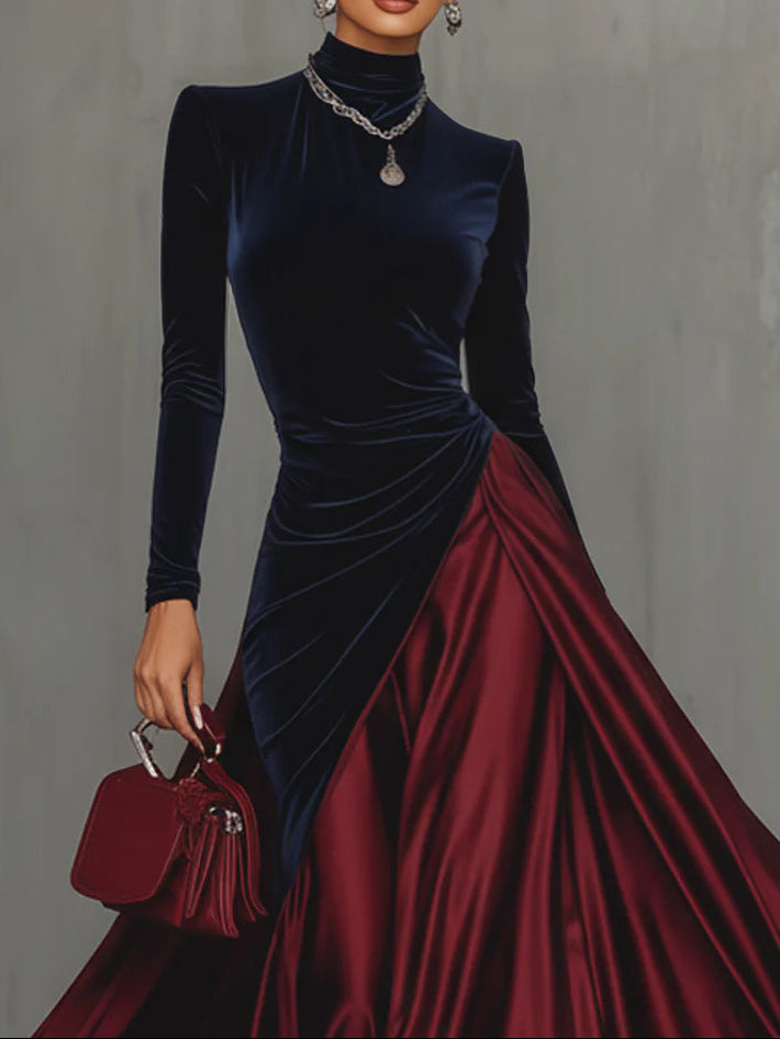 Two-tone long dress with navy long sleeves and red satin pleated, flared skirt