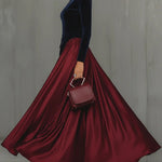 Two-tone long dress: navy fitted bodice and full red satin skirt with diagonal panel