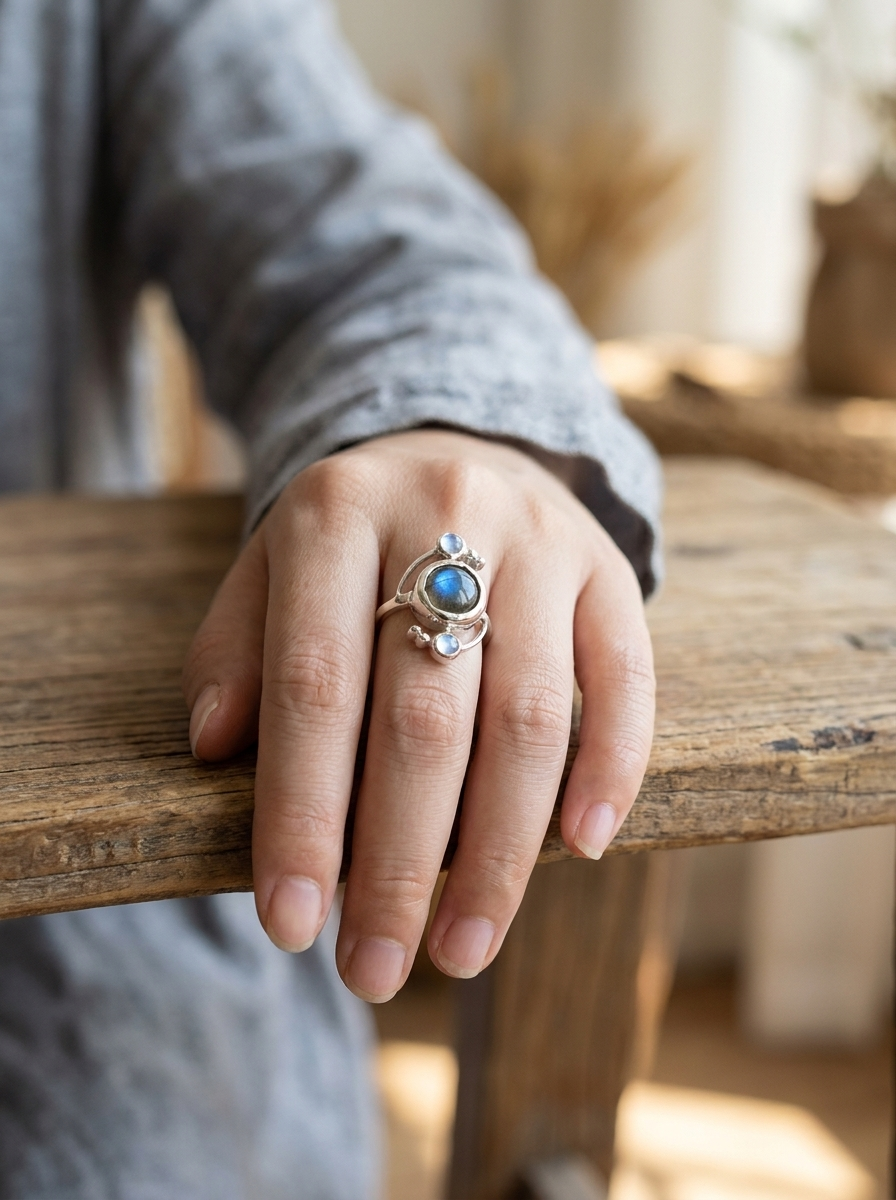 Ocean blue gemstone ring with oval center stone and two small blue accents, on hand
