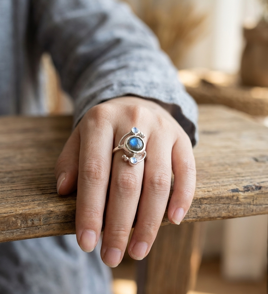 Ocean blue gemstone ring with oval center stone and two small blue accents, on hand