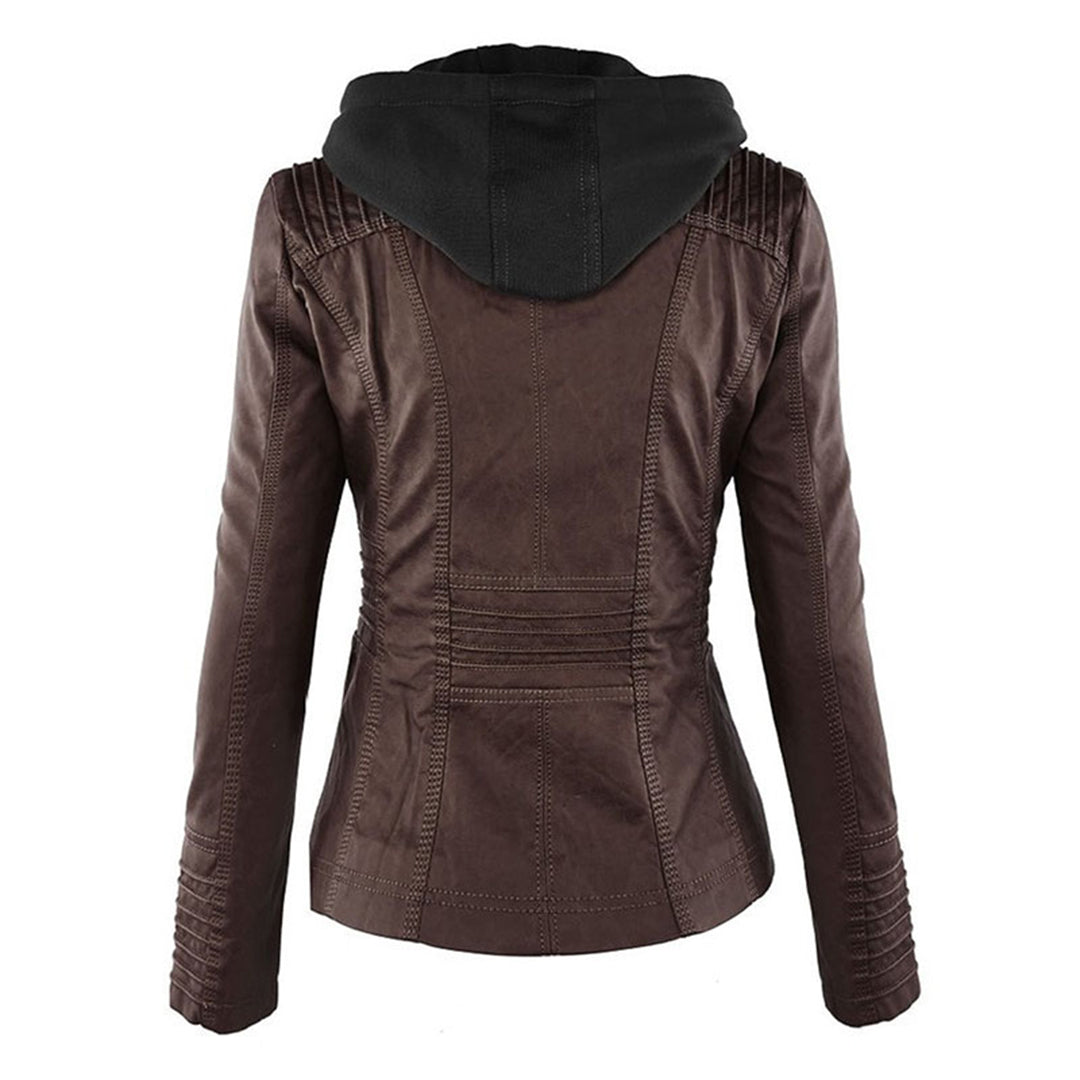 Brown biker hoodie jacket back view with hood and center seam panel