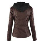 Brown biker hoodie jacket back view with hood and center seam panel