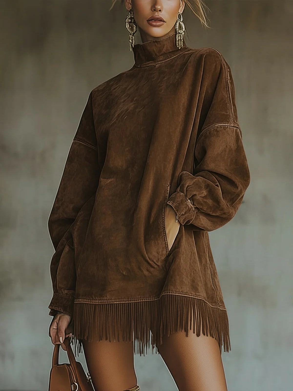 Suede shift dress with high neck, long sleeves, fringe hem; dark brown
