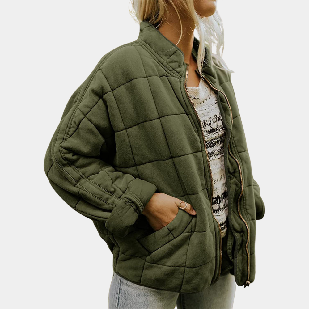 Dark green quilted puffer jacket with zip front, stand collar, and side pockets