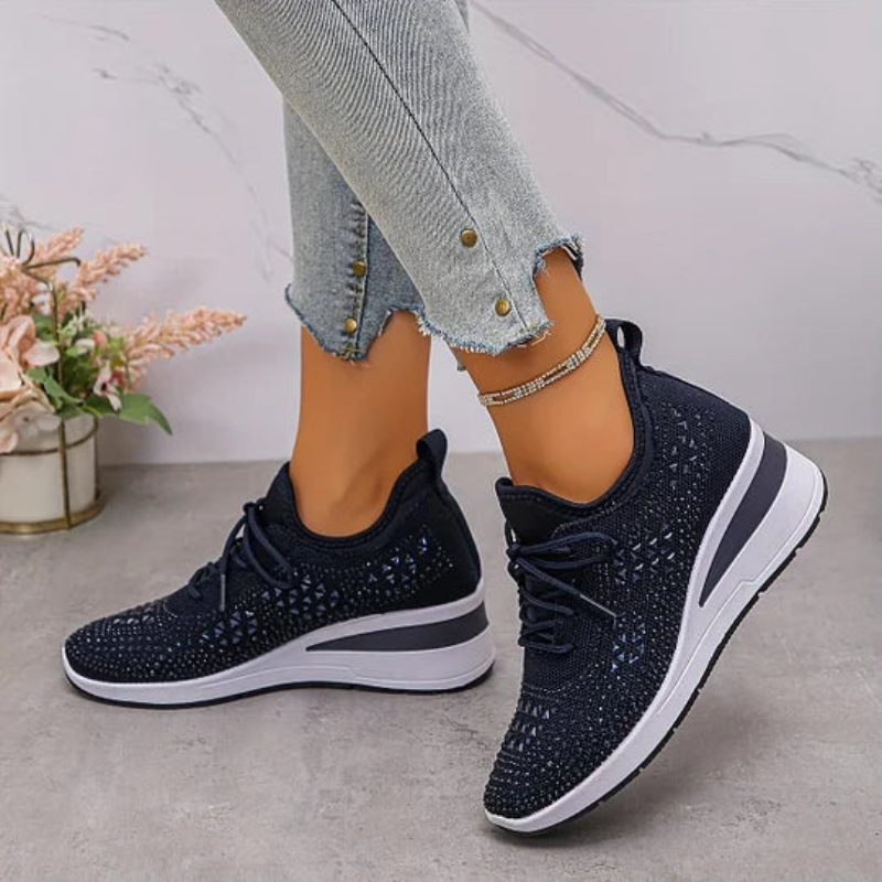 Navy knit lace-up platform sneakers with breathable texture and thick light-rim sole