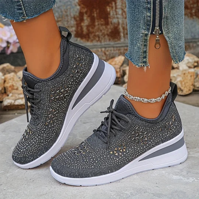Dark gray knit lace-up platform sneakers with breathable texture and thick sole