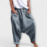 Wide-leg harem pants with drawstring waist, slate gray, side pockets.