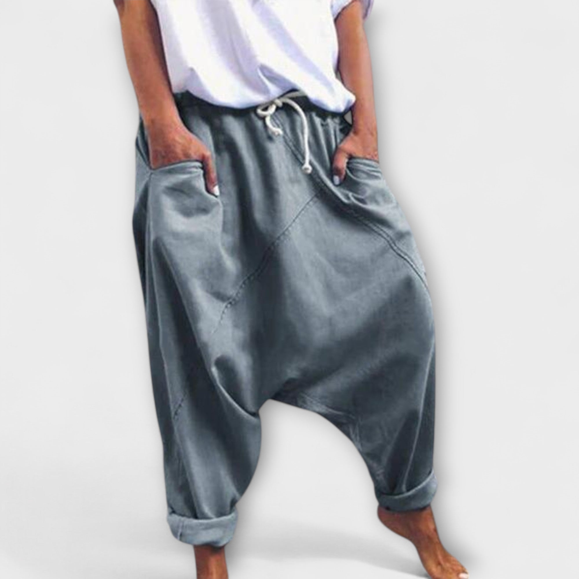 Wide-leg harem pants with drawstring waist, slate gray, side pockets.