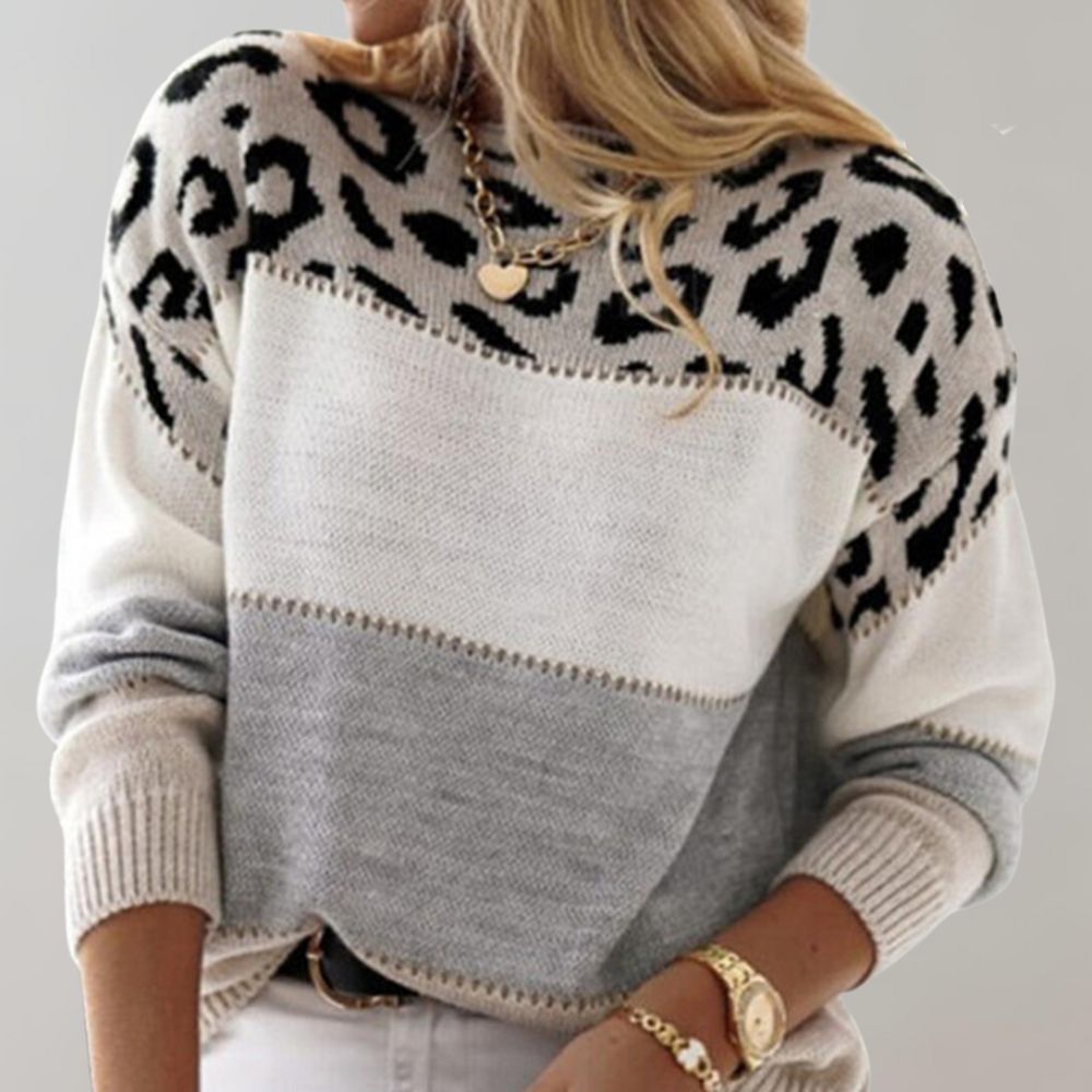 Leopard-print knit sweater, round neck, long sleeves; white top and gray center band