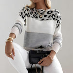 Leopard-print colorblock sweater with round neck, long sleeves; gray and white