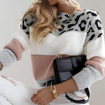Leopard-print colorblock sweater with round neck, long sleeves; white and gray sections