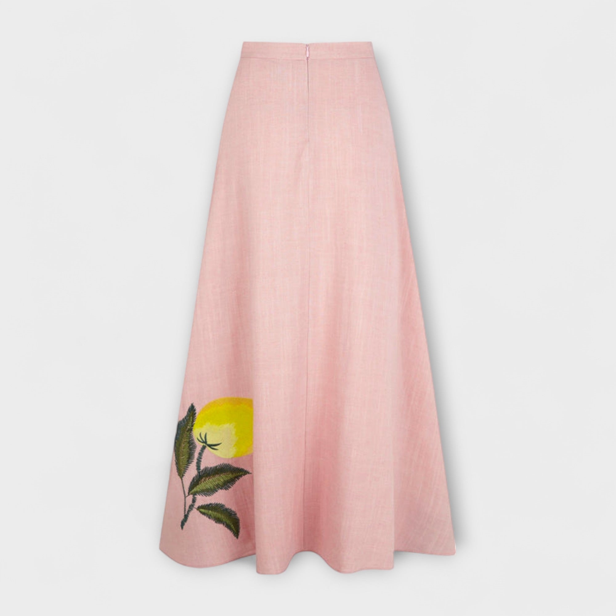 Pink midi skirt with scattered lemon-and-leaf print motif