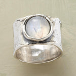 Boho moonstone cabochon ring in silver-tone metal, wide band with textured sides