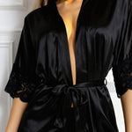Black satin V-neck nightshirt robe with lace sleeves and tied waist detail