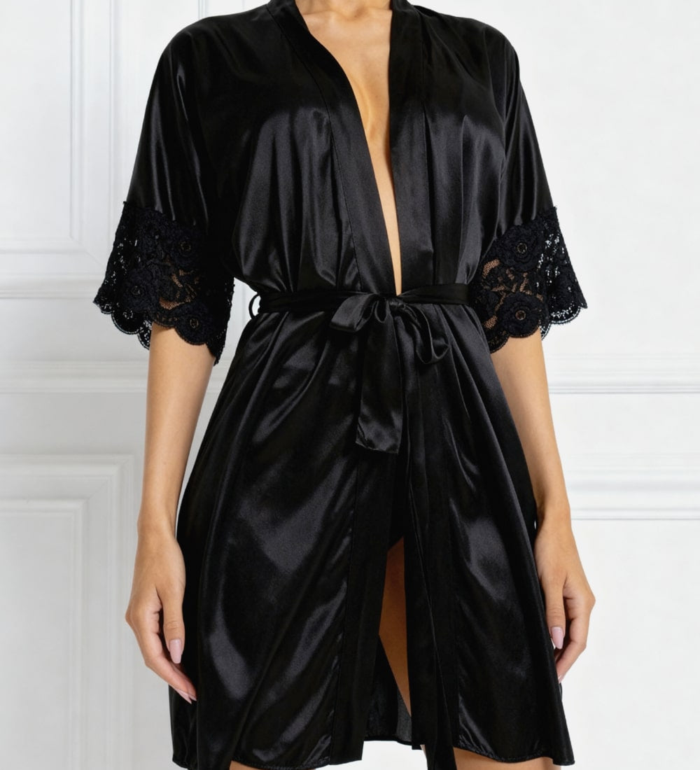 Black satin robe nightshirt with V-neck, lace cuffs, and tied waist