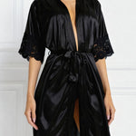 Black satin robe nightshirt with V-neck, lace cuffs, and tied waist