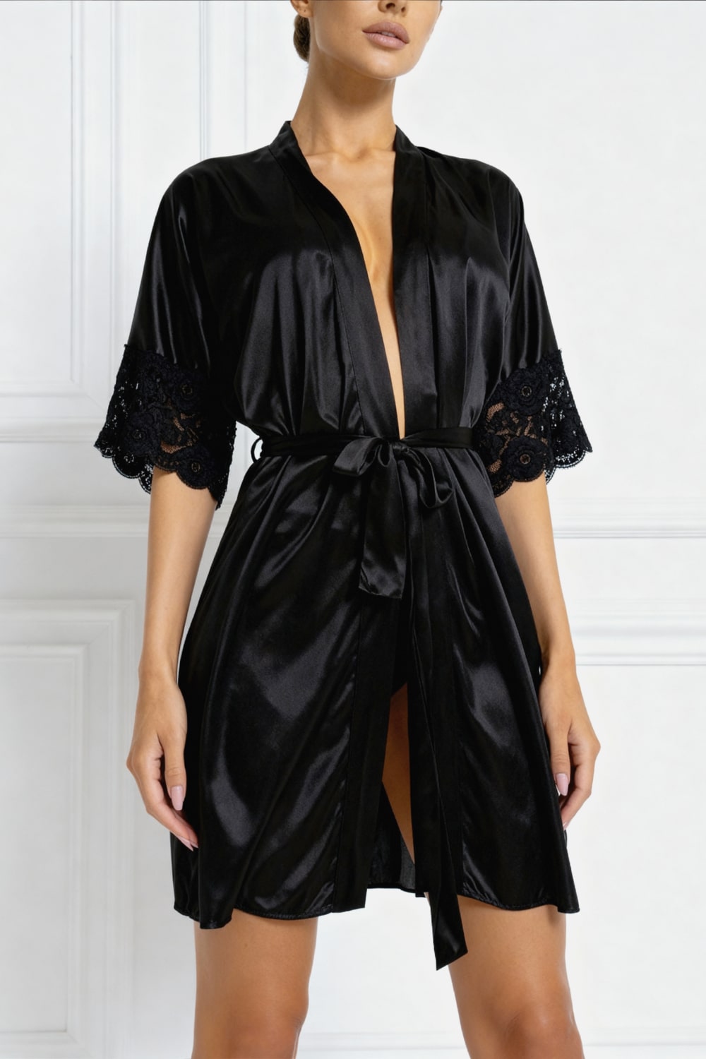 Black satin robe nightshirt with V-neck, lace cuffs, and tied waist