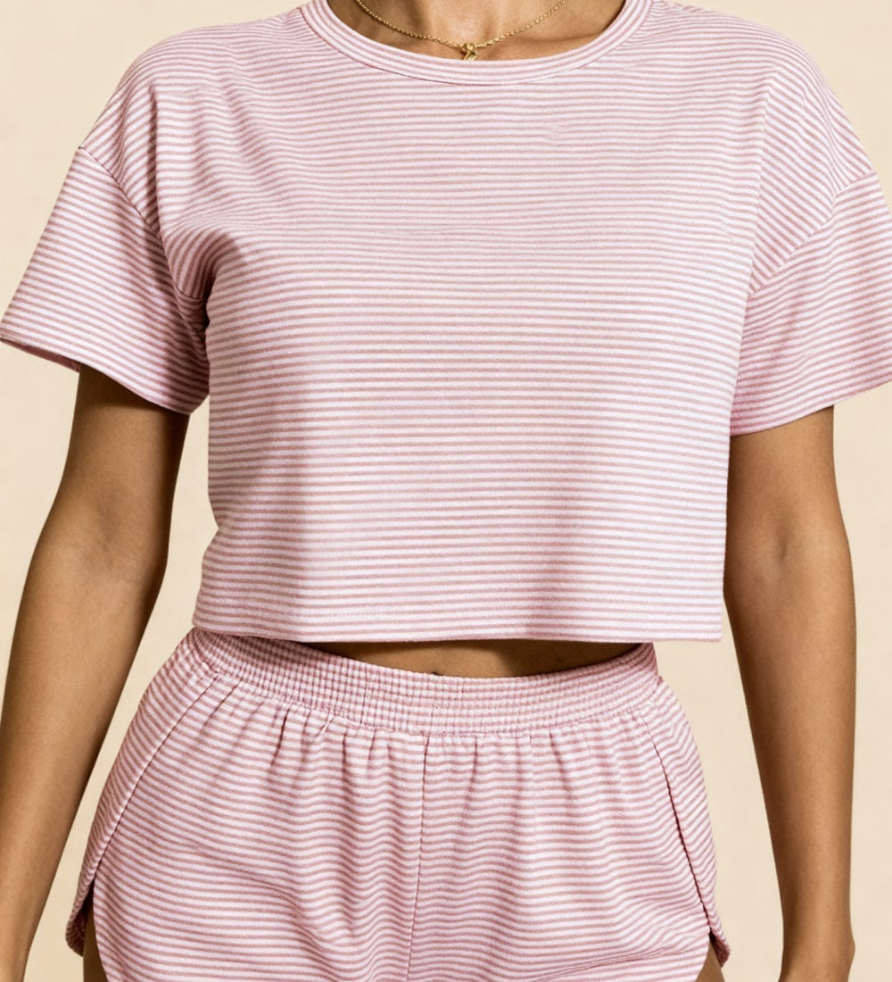 Carmen Rose pink striped crop top with crew neck and elastic-waist shorts set