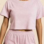 Carmen Rose pink striped crop top with crew neck and elastic-waist shorts set