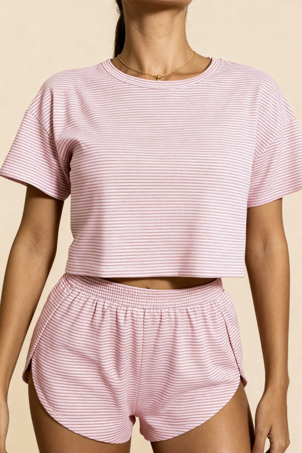 Carmen Rose pink striped crop top with crew neck and elastic-waist shorts set