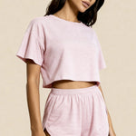 Carmen Rose pink striped crop top and elastic-waist shorts set, angled back view