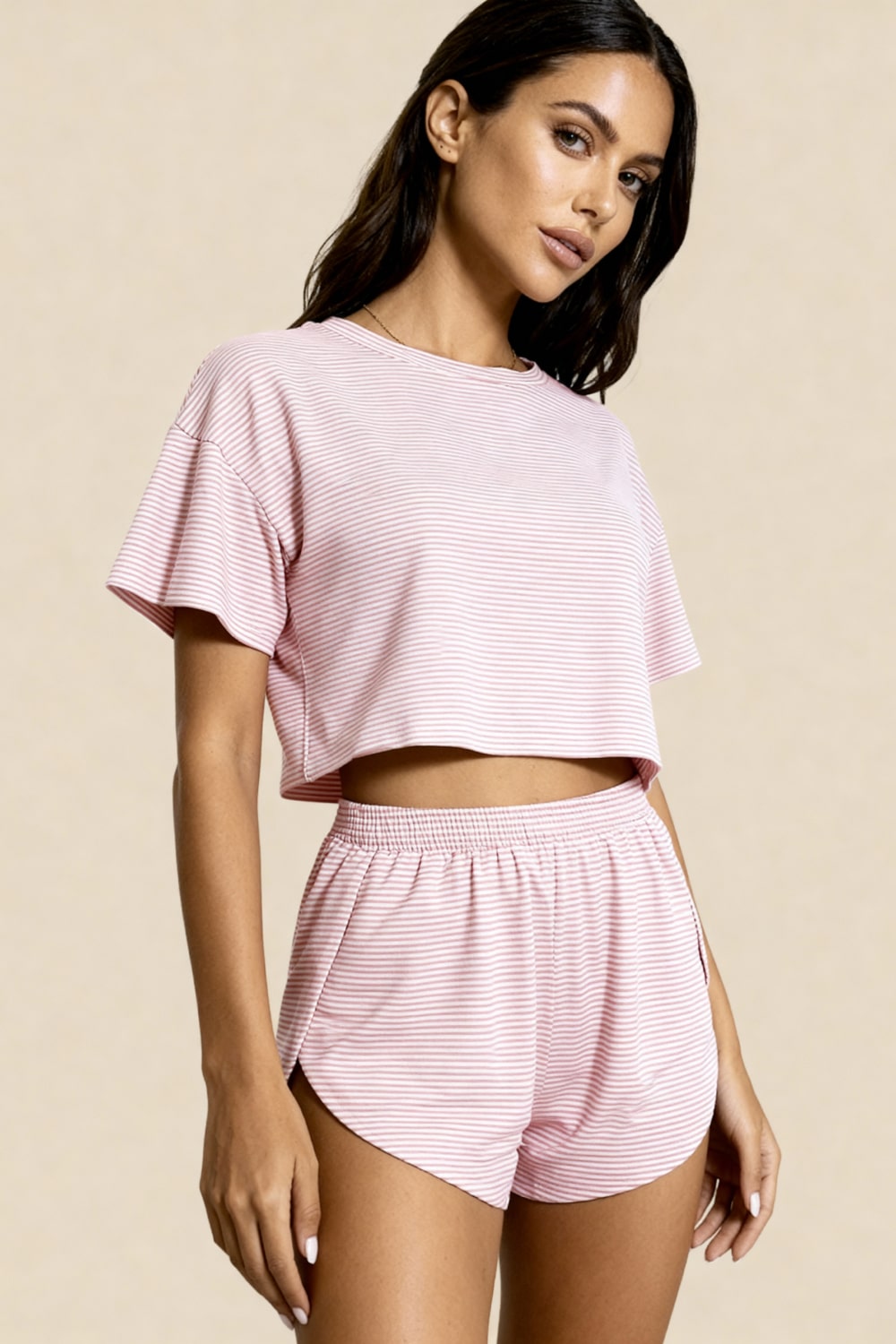 Carmen Rose pink striped crop top and elastic-waist shorts set, angled back view