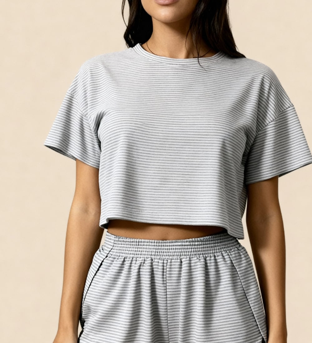 Gray striped crop top and elastic-waist shorts set, short sleeves, matching loungewear