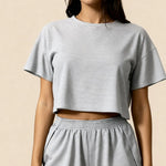 Gray striped crop top and elastic-waist shorts set, short sleeves, matching loungewear