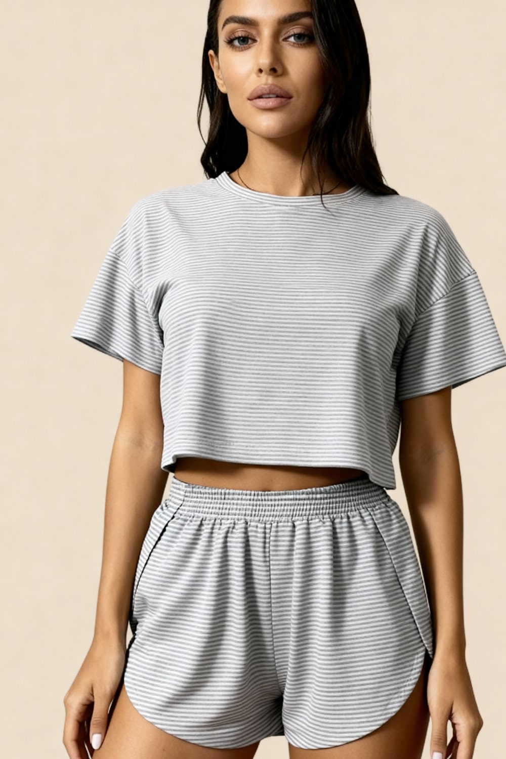 Gray striped crop top and elastic-waist shorts set, short sleeves, matching loungewear