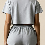 Gray striped back view of crop top and elastic-waist shorts with gathered waistband