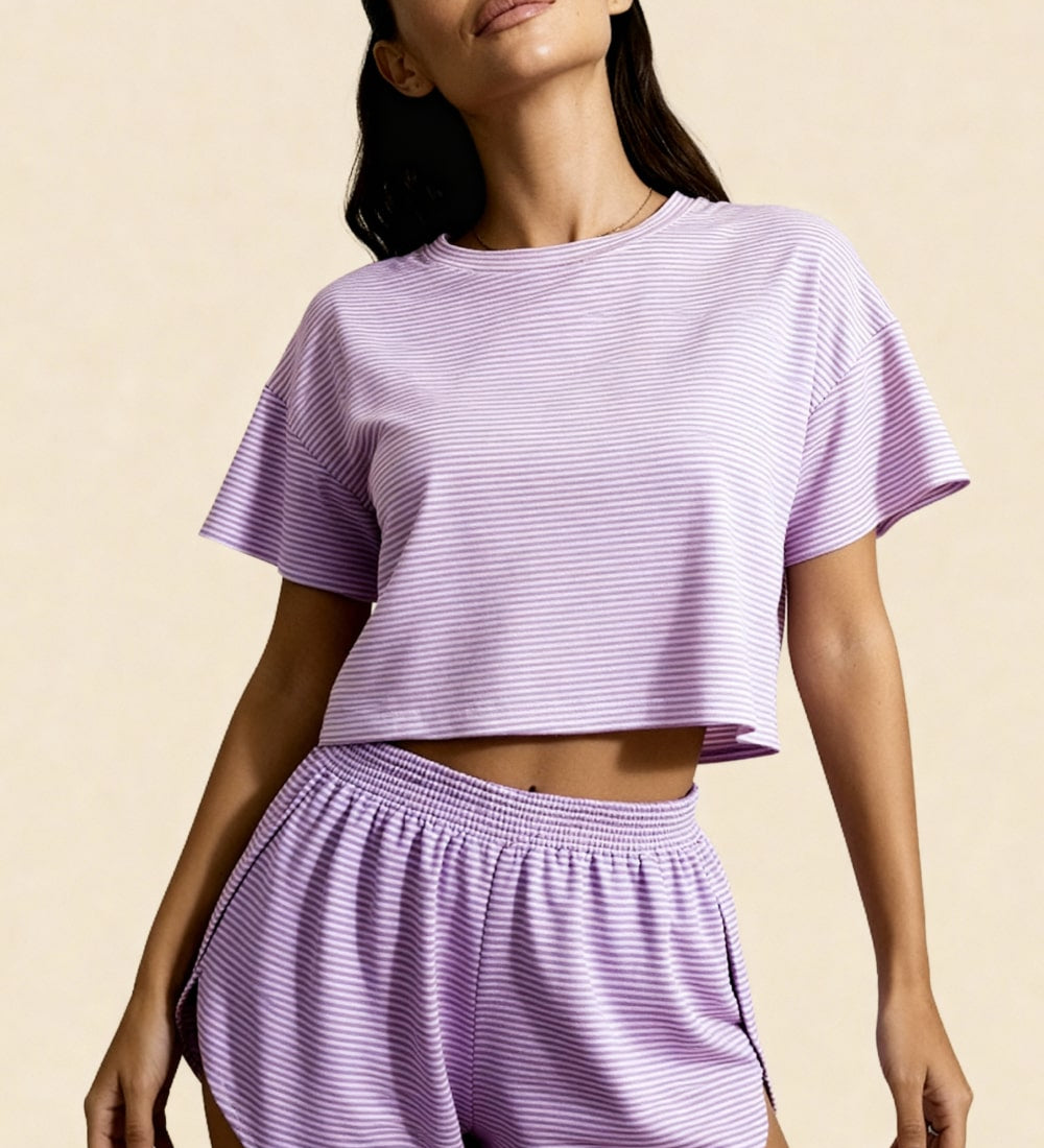 Lavender striped crop top and drawstring shorts set, stretch jersey, matching waistband