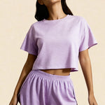 Lavender striped crop top and drawstring shorts set, stretch jersey, matching waistband