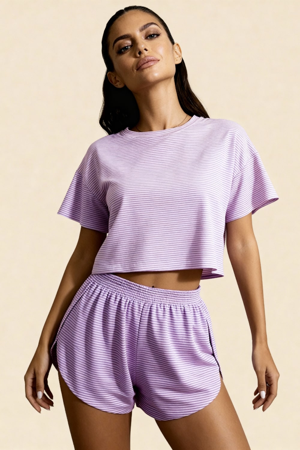 Lavender striped crop top and drawstring shorts set, stretch jersey, matching waistband