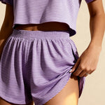 Striped crop top and gathered drawstring shorts, lavender-purple, side view detail