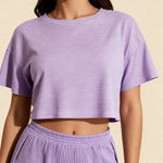 Lavender striped crop T-shirt and elastic waist shorts set, matching pull-on design