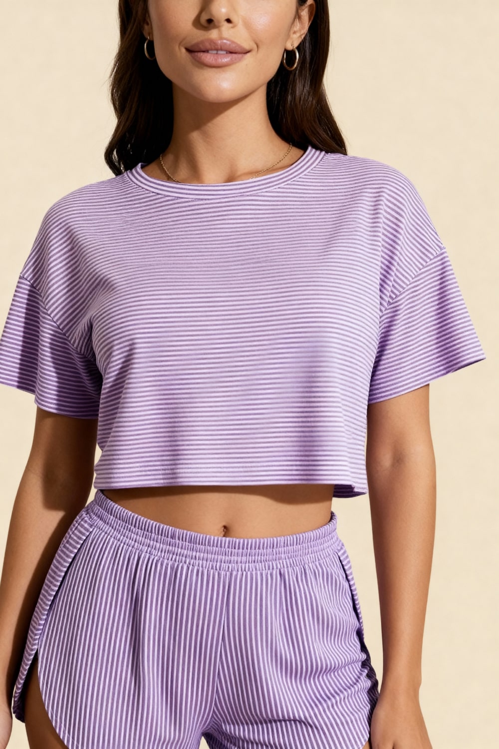 Lavender striped crop T-shirt and elastic waist shorts set, matching pull-on design