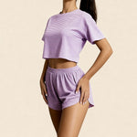 Lavender striped crop top and shorts set, loose fit, side view with elastic waistband