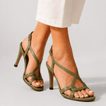 Olive green open-toe heeled sandal with crisscross ankle straps