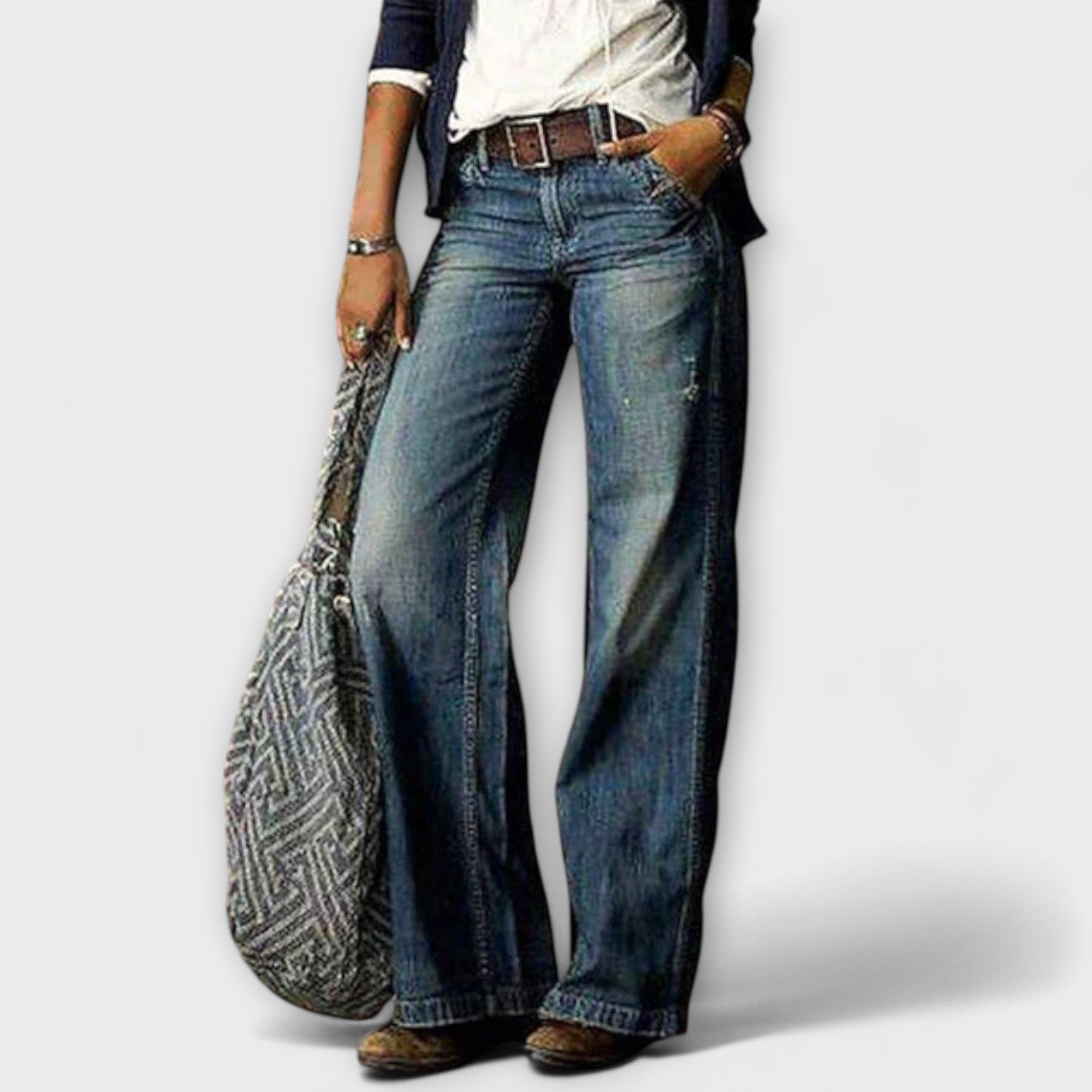 Light blue wide-leg jeans with mid-rise fit, belt loops, and classic front pockets