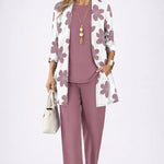 Margaret floral 3-piece set: white/pink cardigan with mauve top and pants