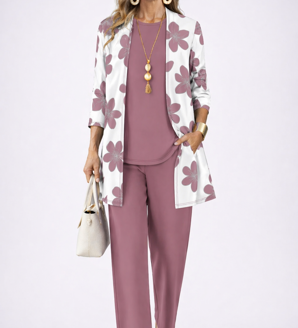 Kristin 3-piece set: floral long jacket over dark rose top and matching pants