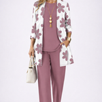 Kristin 3-piece set: floral long jacket over dark rose top and matching pants