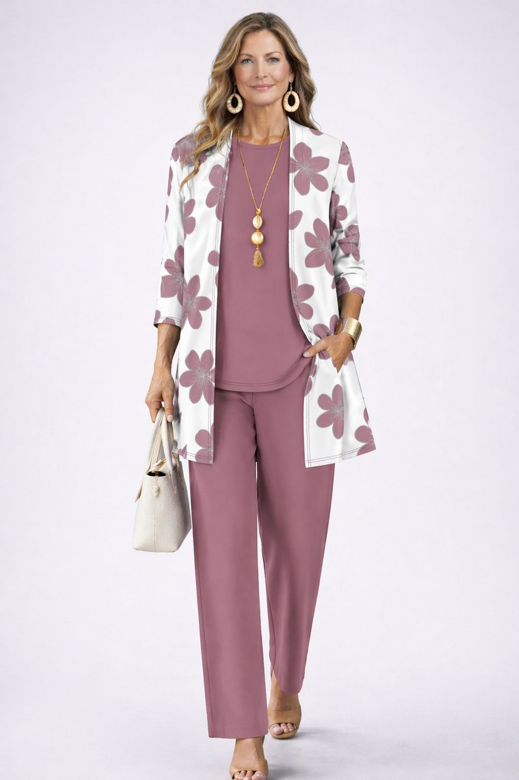 Kristin 3-piece set: floral long jacket over dark rose top and matching pants