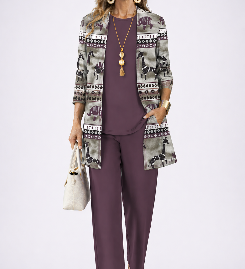 Women’s plum 3-piece outfit set: patterned open jacket, solid top, matching pants